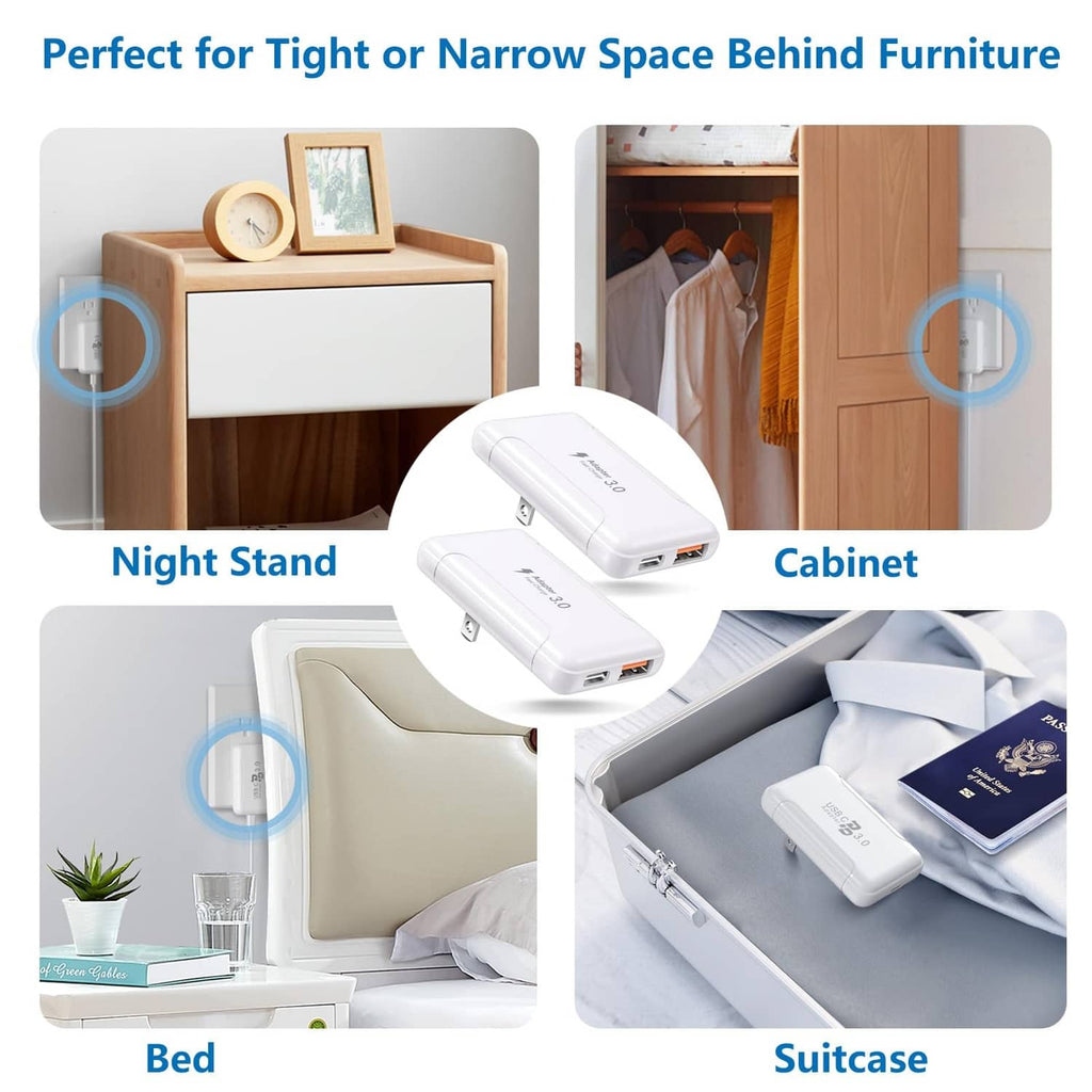 White slim USB-C wall charger with space-saving flat plug for tight areas behind furniture.