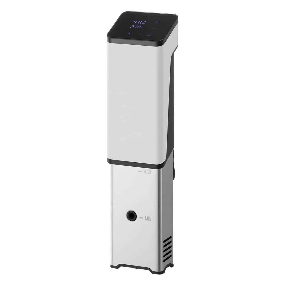 White immersion circulator with top LED screen and lower water level markings