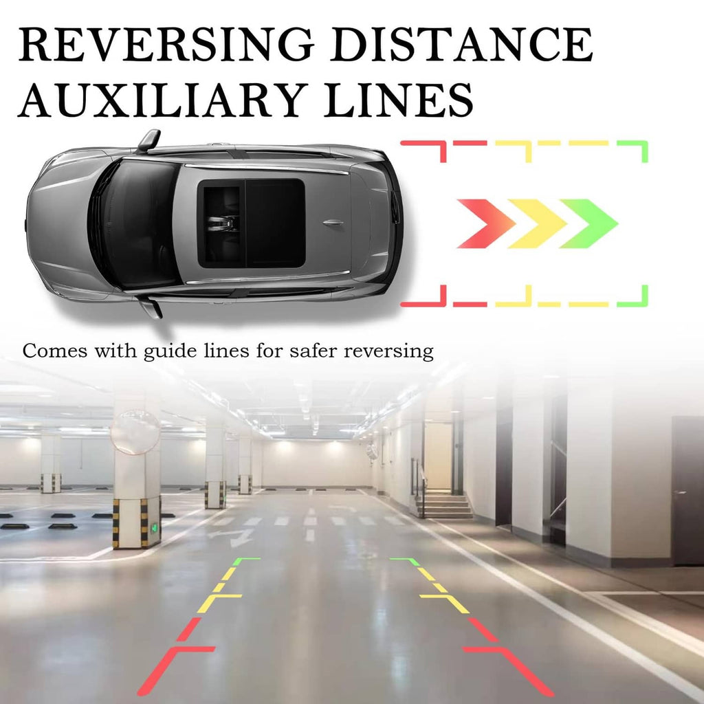 Reversing camera view on 4.6-inch monitor with colored parking guide lines