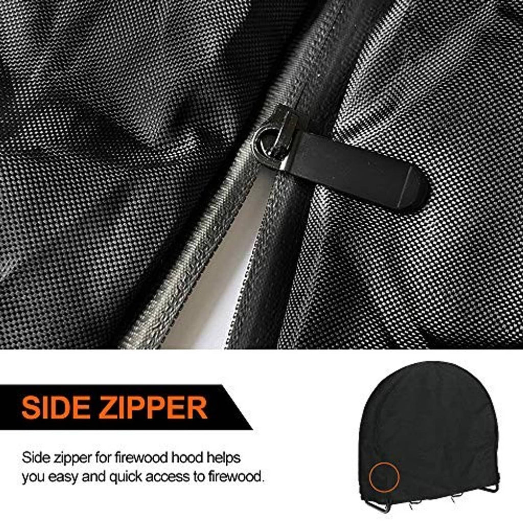 Black firewood log rack cover with side zipper and metal zipper pull detail