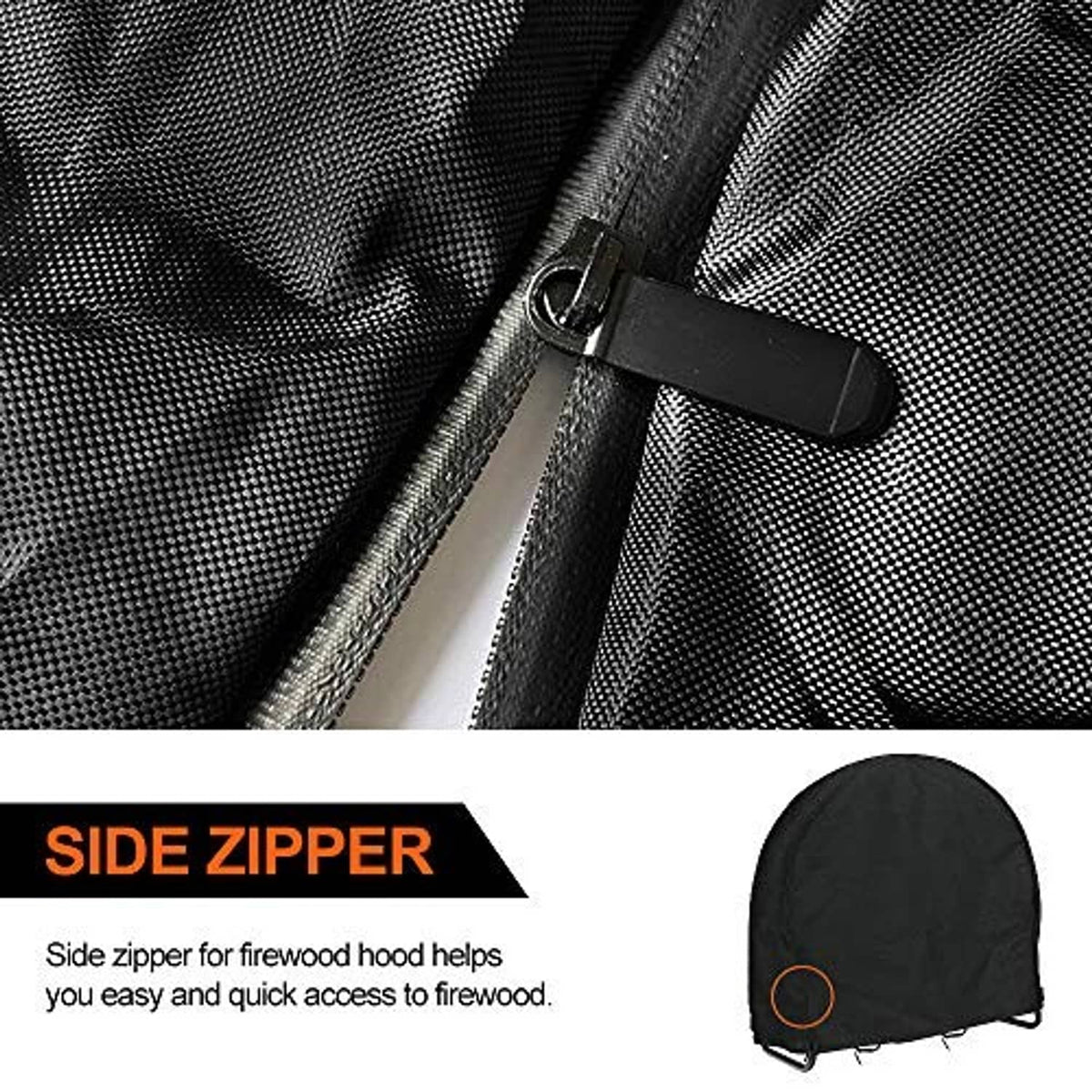 Black firewood log rack cover with side zipper and metal zipper pull detail
