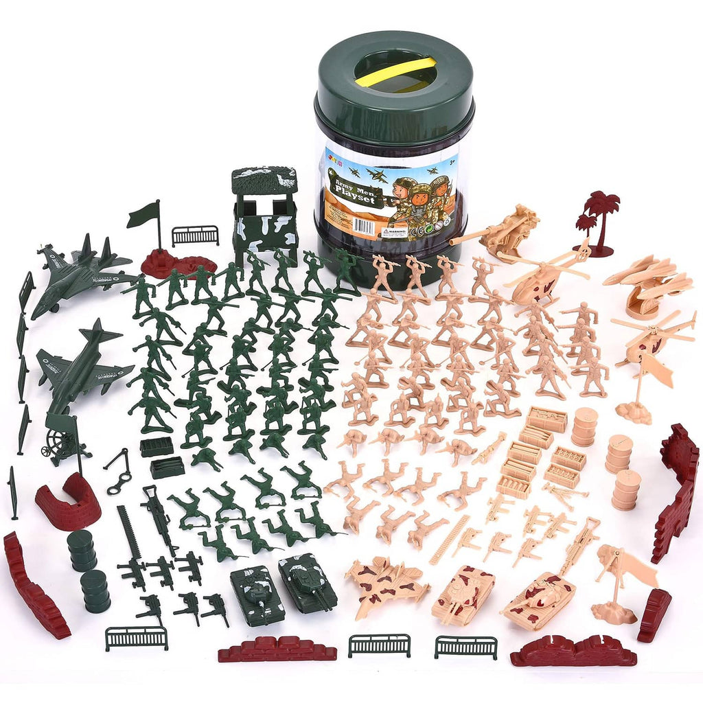 Military army men and vehicles playset with green, tan, and red figures and planes