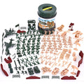 Military army men and vehicles playset with green, tan, and red figures and planes