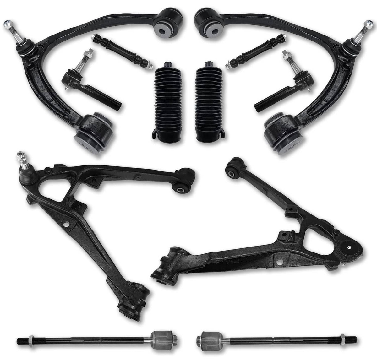 Front upper and lower control arm kit, 12-piece set with black suspension parts