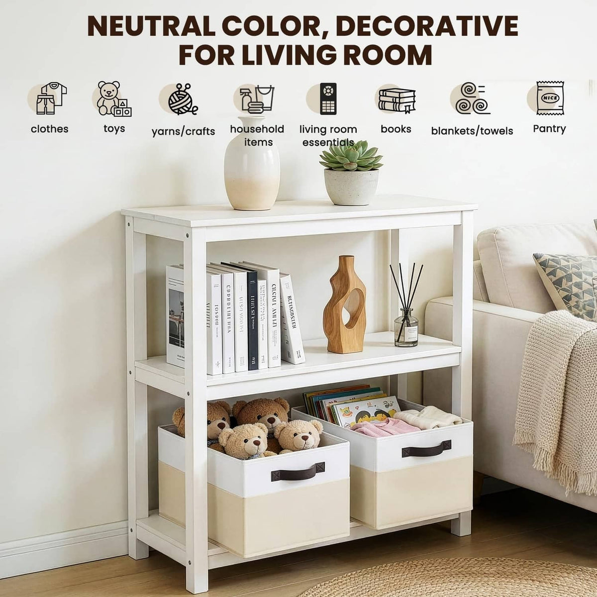 Rectangular storage bins with black handles in a white storage cabinet