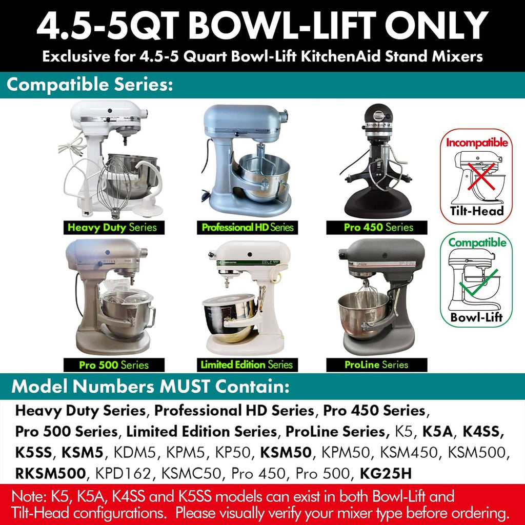 Stainless spiral dough hook shown on bowl-lift stand mixer compatibility chart
