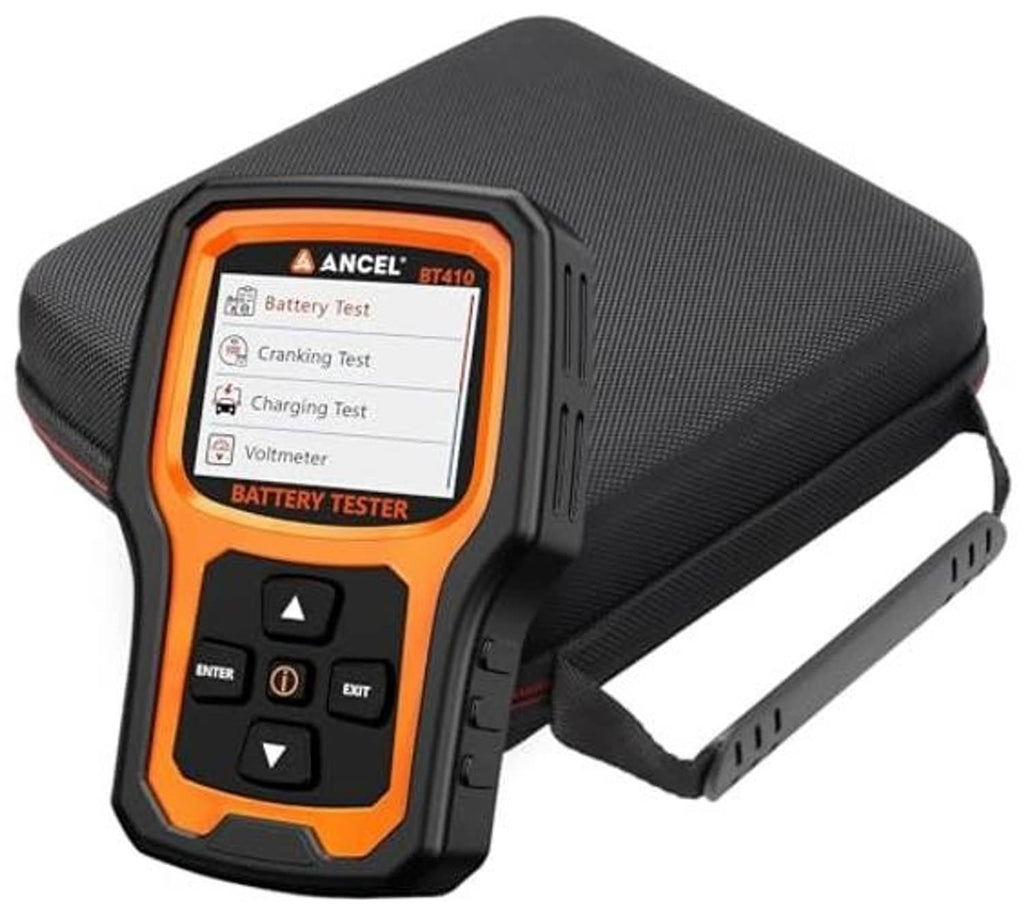 Protective hard case with car battery tester inside, orange screen, textured dark gray