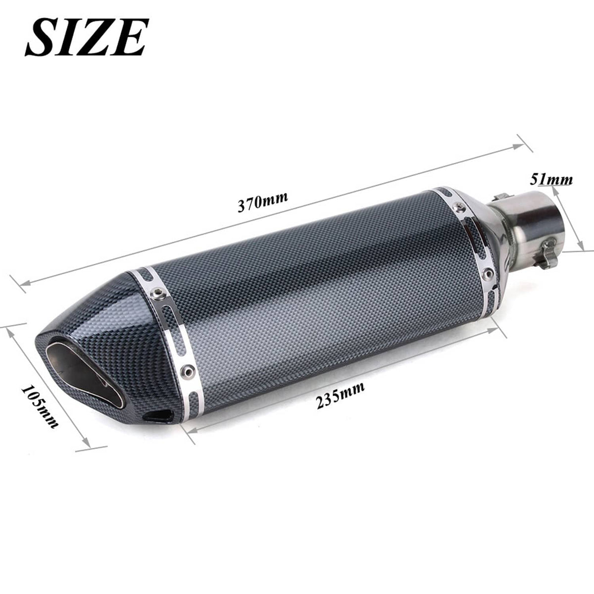 Carbon fiber motorcycle exhaust muffler with chrome end and measurement-style layout