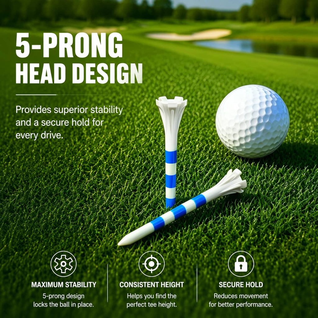White 5-prong plastic golf tees set with blue striped shafts on a grass field