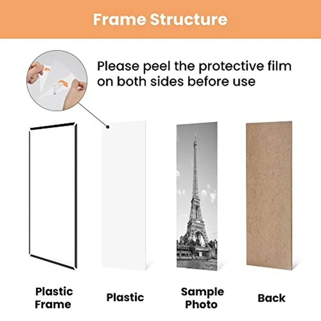 Black 11x17 poster frame diagram with protective film peel on both sides before use