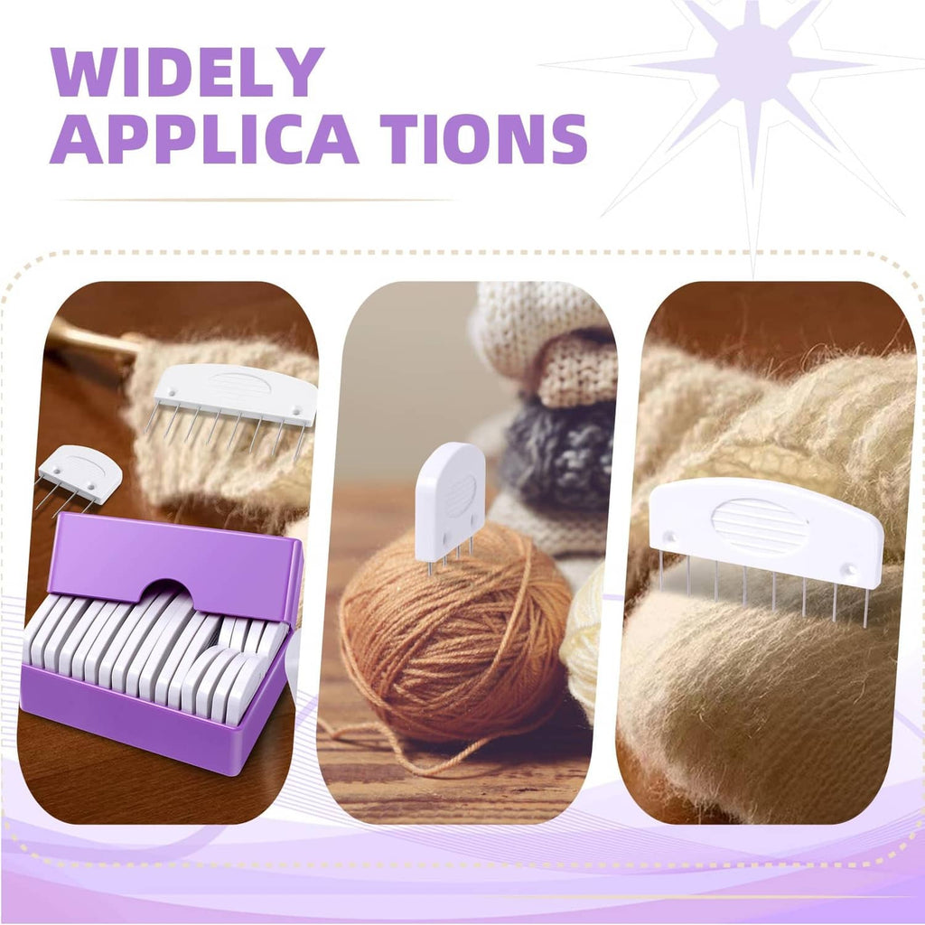 White knit blocking pin bases with long needle tines for blocking yarn