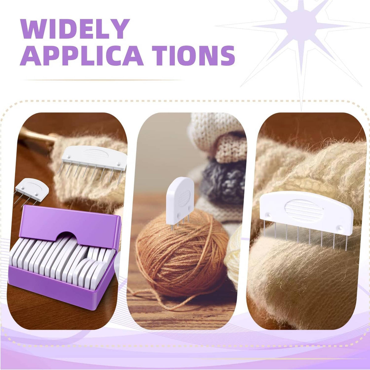 White knit blocking pin bases with long needle tines for blocking yarn