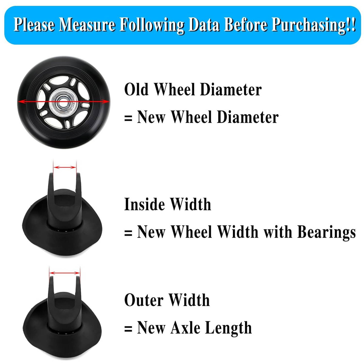 Black luggage wheel on mounting base with axle, showing wheel width and diameter