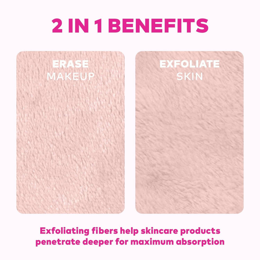 Pink makeup eraser towel fabric panels showing erase and exfoliate areas