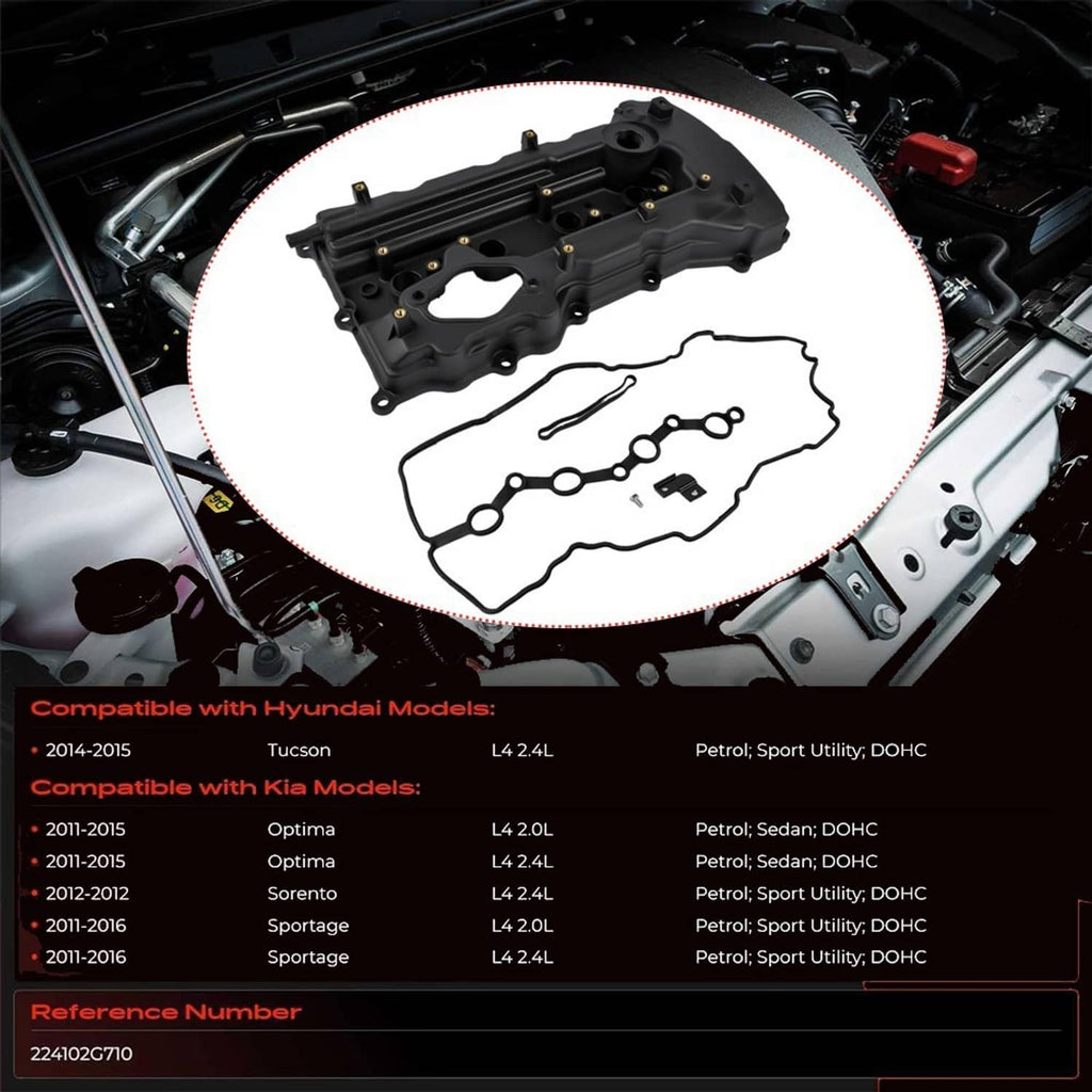 Valve cover and gasket laid out over an engine bay, parts shown with outline