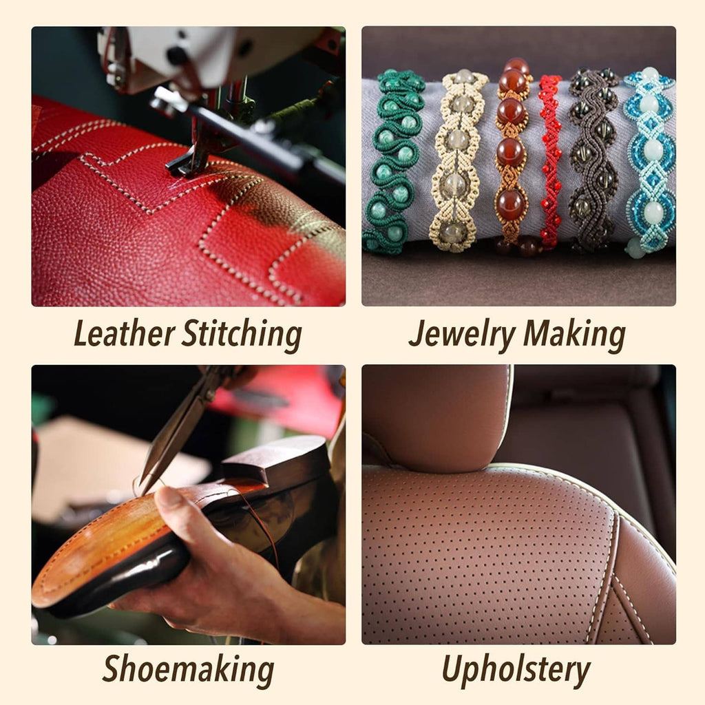 Leather stitching with brown thread, sewing machine over textured leather surface