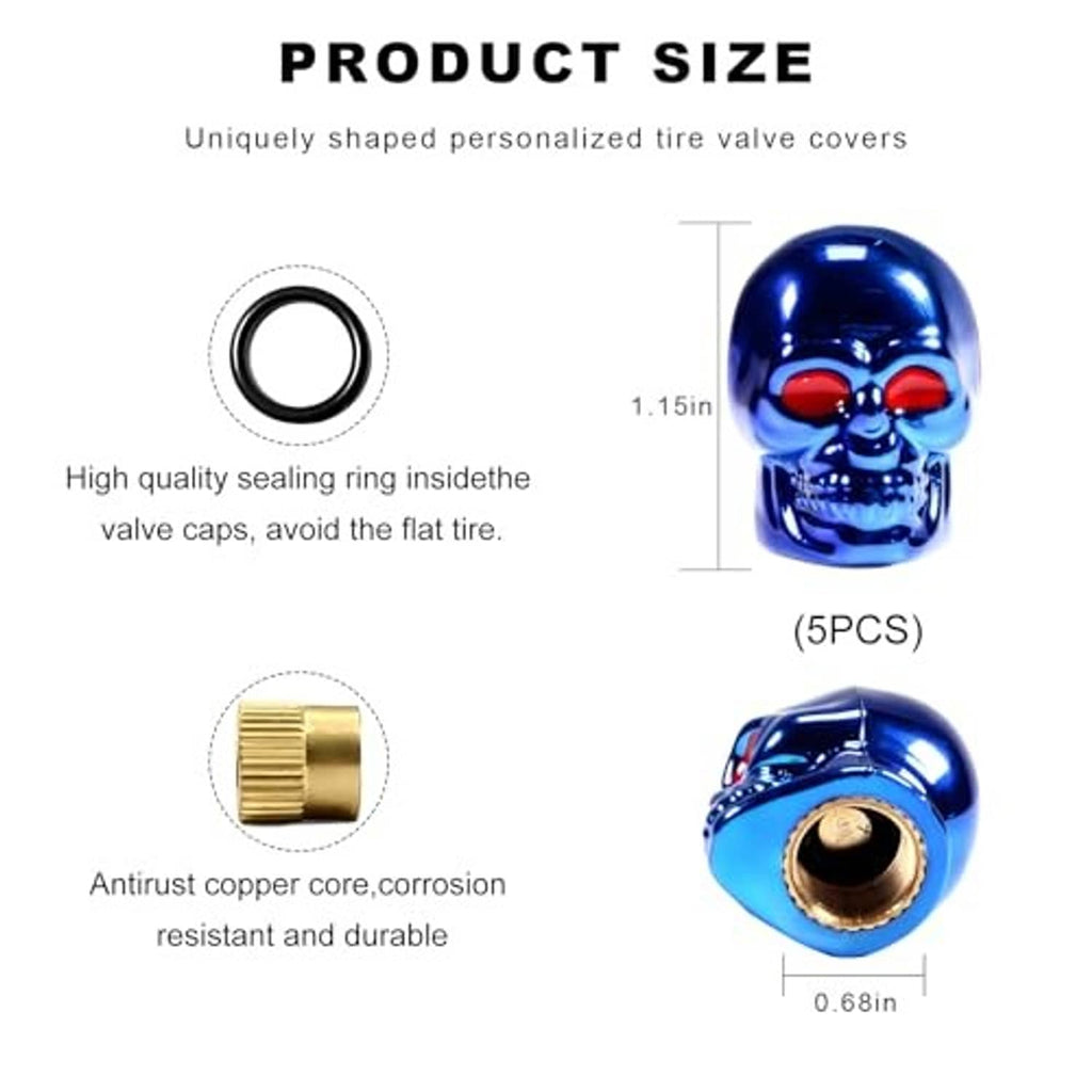 Blue skull tire valve cap with rubber sealing ring, 5-piece set shown