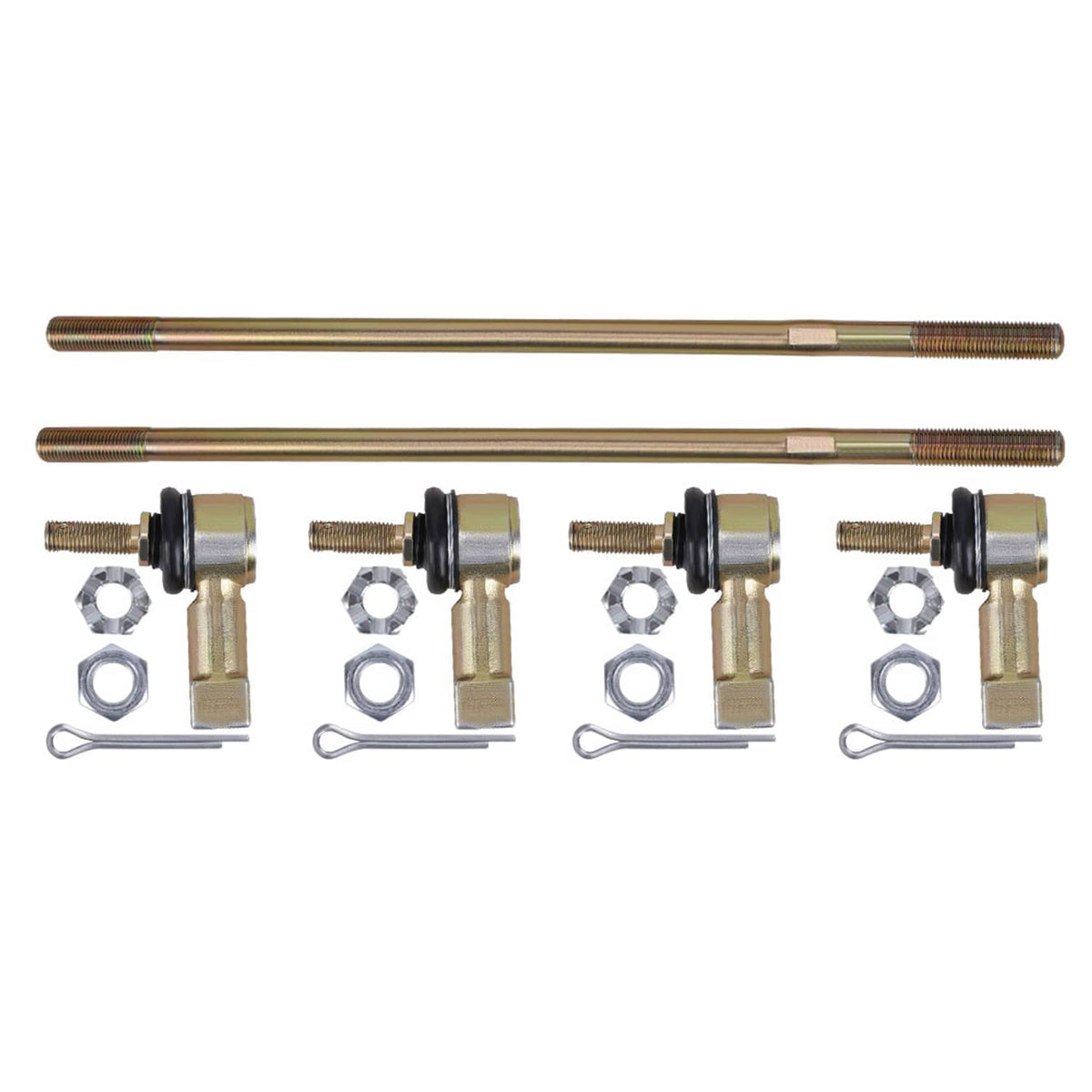 Tie rod end set with two threaded shafts and four ball joint ends plus nuts and washers