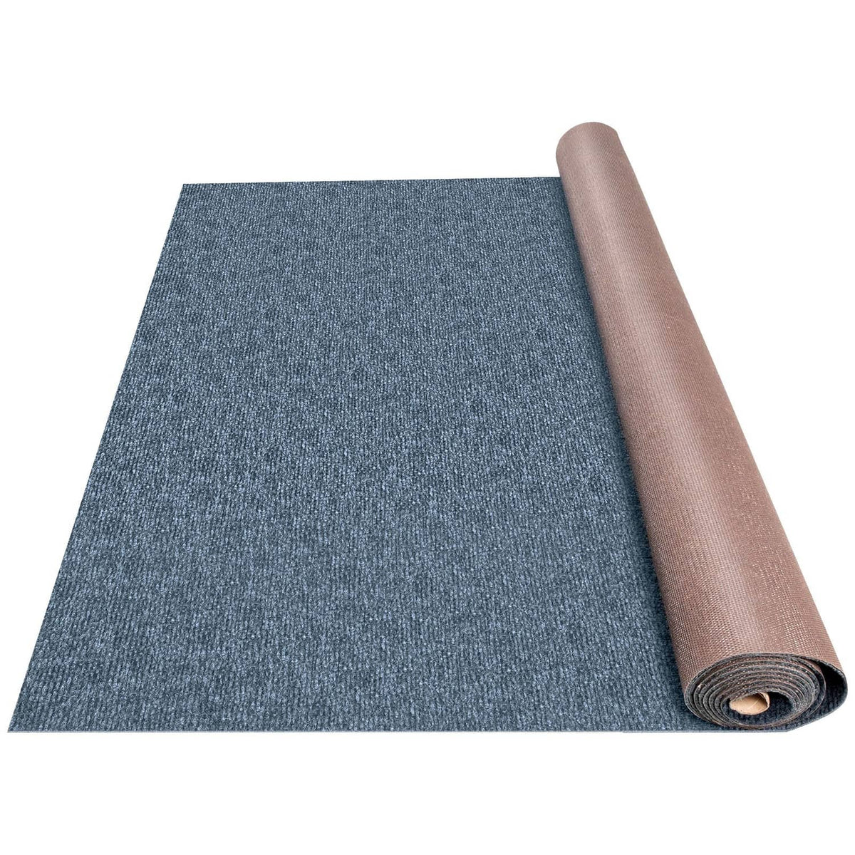 Blue cut-pile rug sheet with rolled brown backing edge and textured surface.