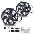 Two 10-inch black push-pull cooling radiator fans with wire leads and mounting brackets