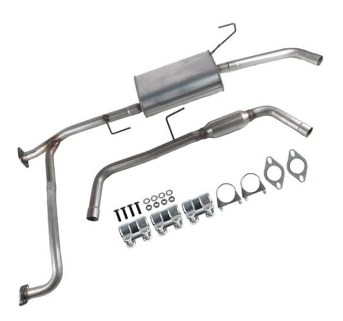 Complete exhaust resonator muffler tailpipe kit with muffler, pipes, and small hardware