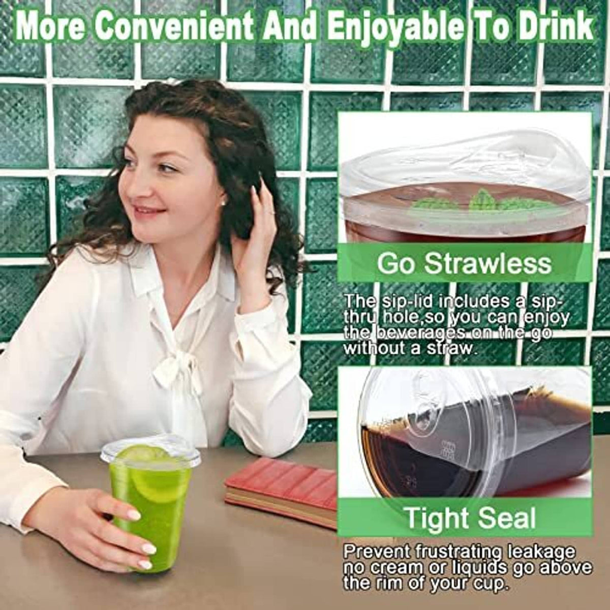 Clear strawless sip-lid iced coffee cup in hand, with extra cups on table