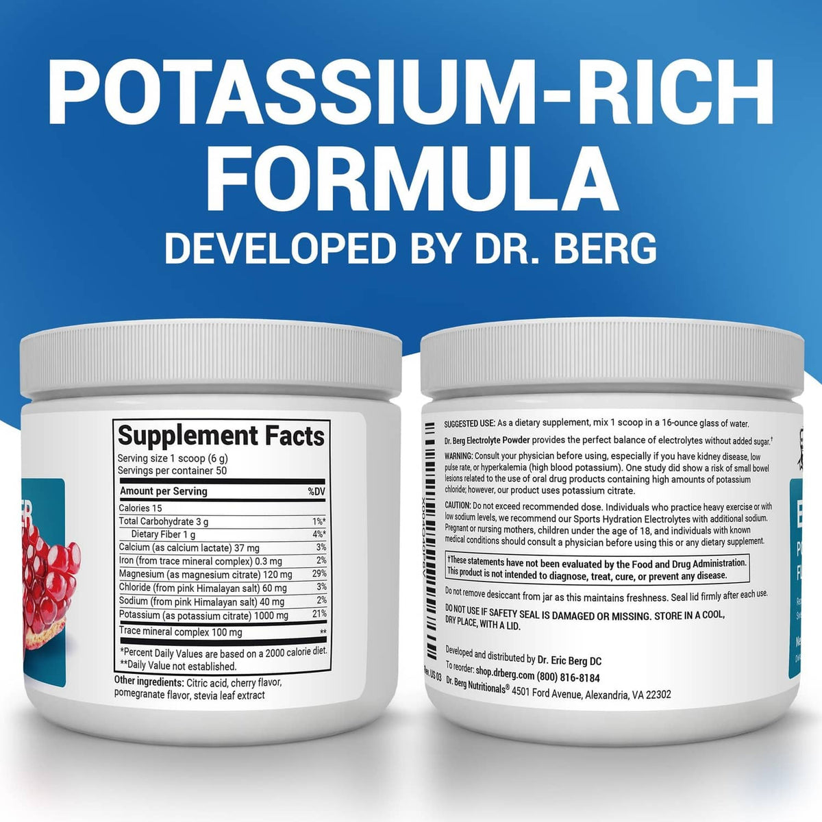 Electrolyte powder tubs showing Supplement Facts label