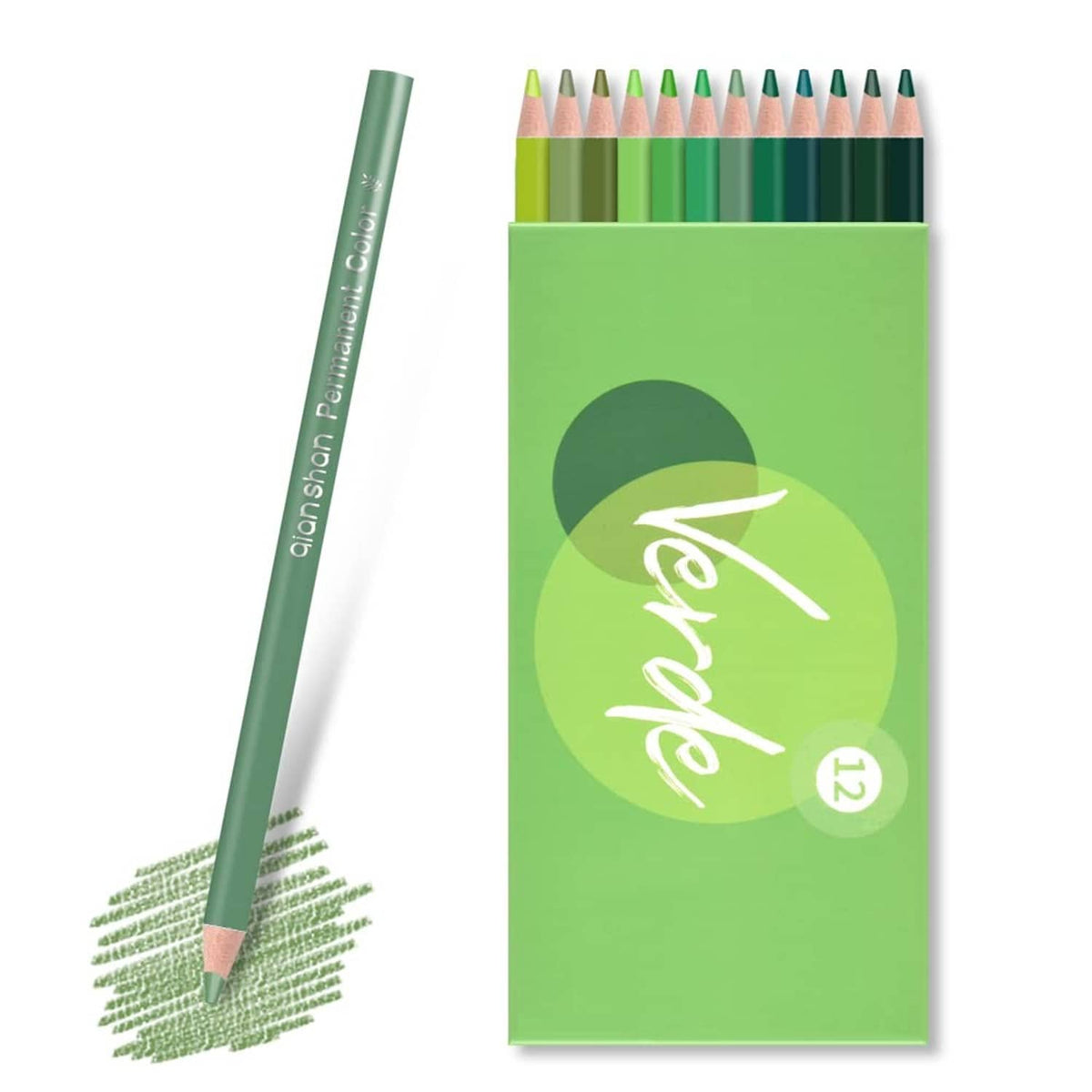 Pre-sharpened green colored pencil with matching 12-count box, assorted green tips