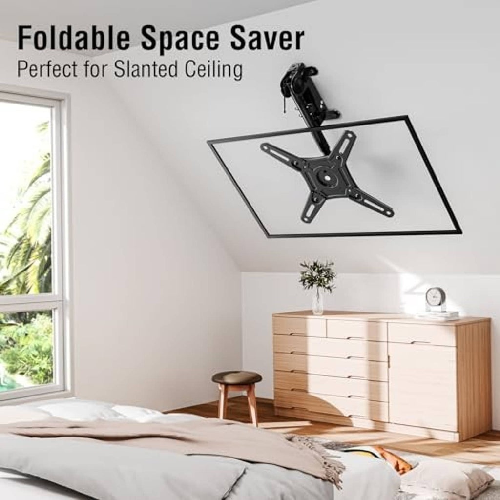 Ceiling TV mount with flip-down bracket installed overhead above a living room TV