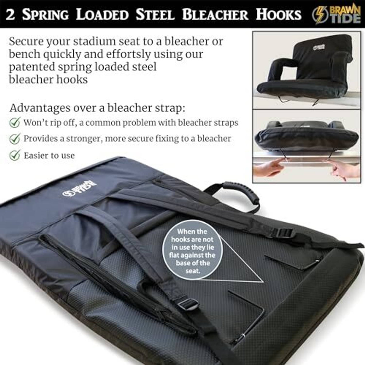 Black stadium seat with back support and spring-loaded bleacher hooks for mounting
