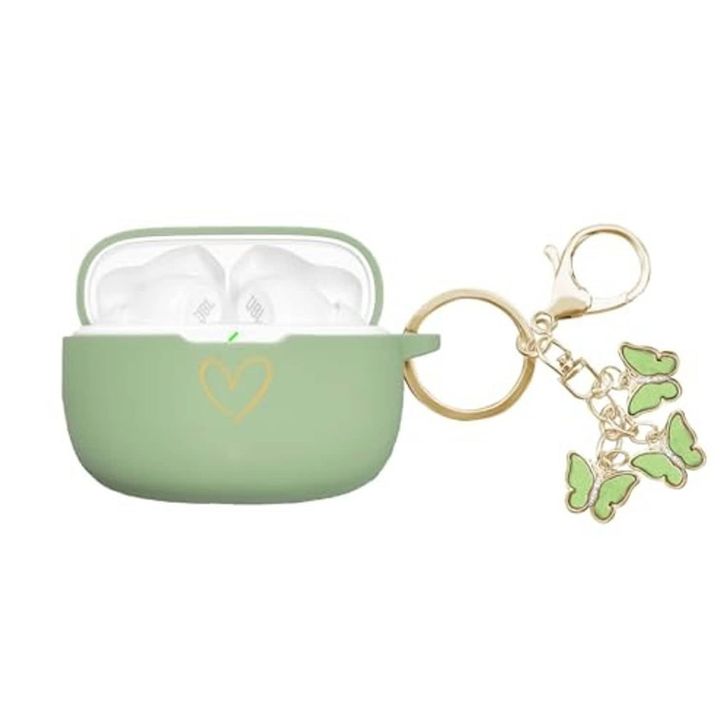 Matcha green silicone earbud case cover with key ring and green butterfly charm set