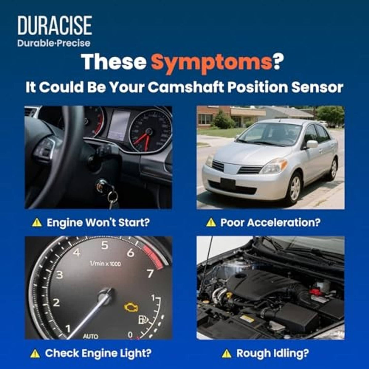 Camshaft position sensor symptoms graphic with dashboard and car photo