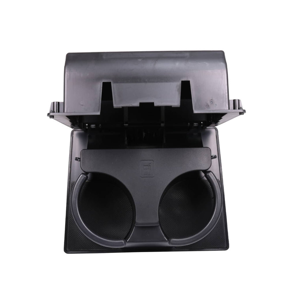 Black dual cup holder insert with two circular openings and textured front panel.