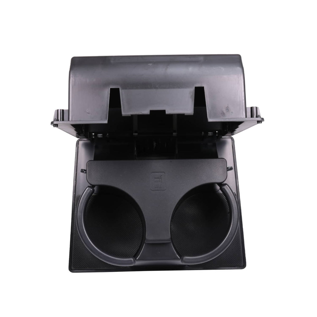 Black dual cup holder insert with two circular openings and textured front panel.