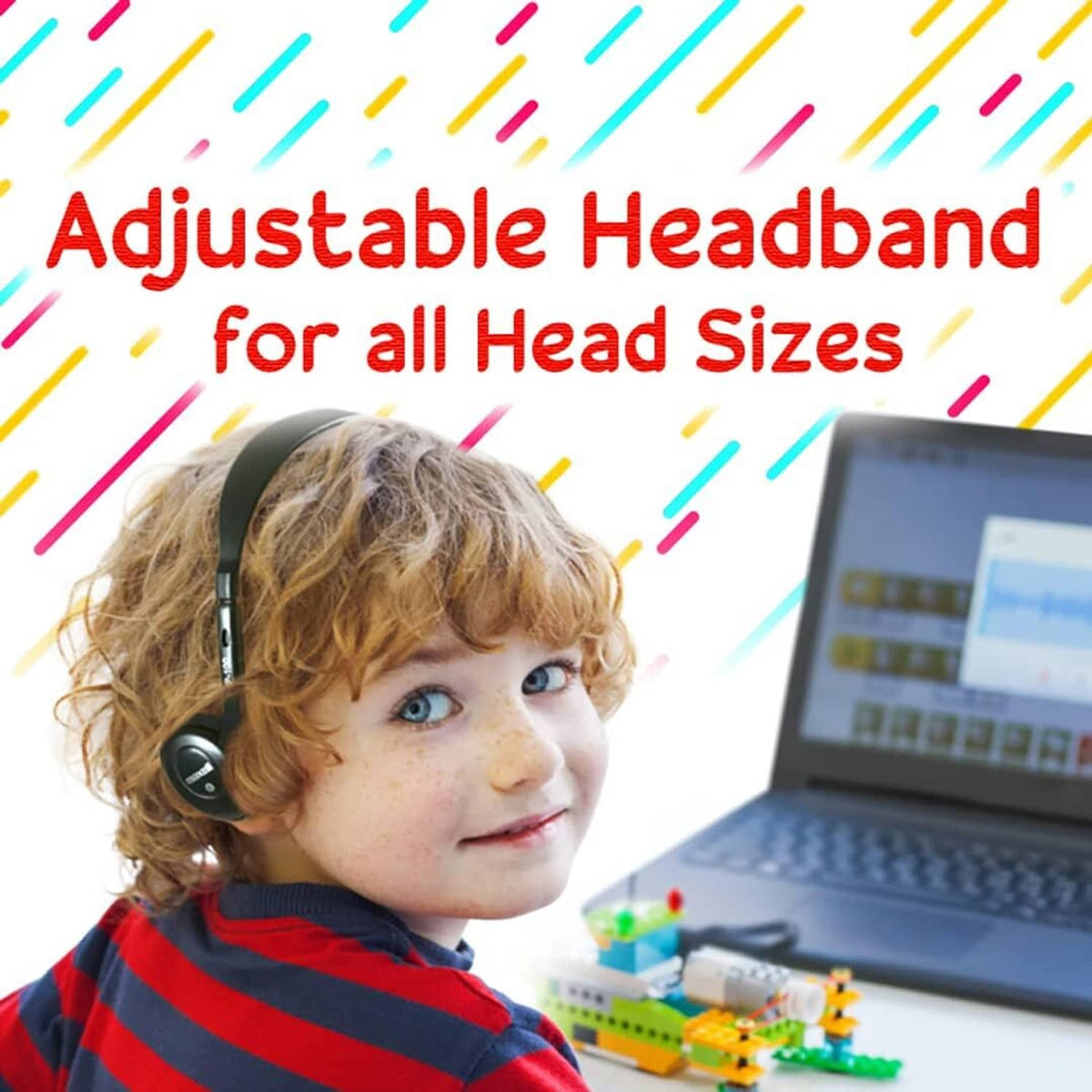 Over-ear wired headphones on a child, adjustable headband for comfortable fit
