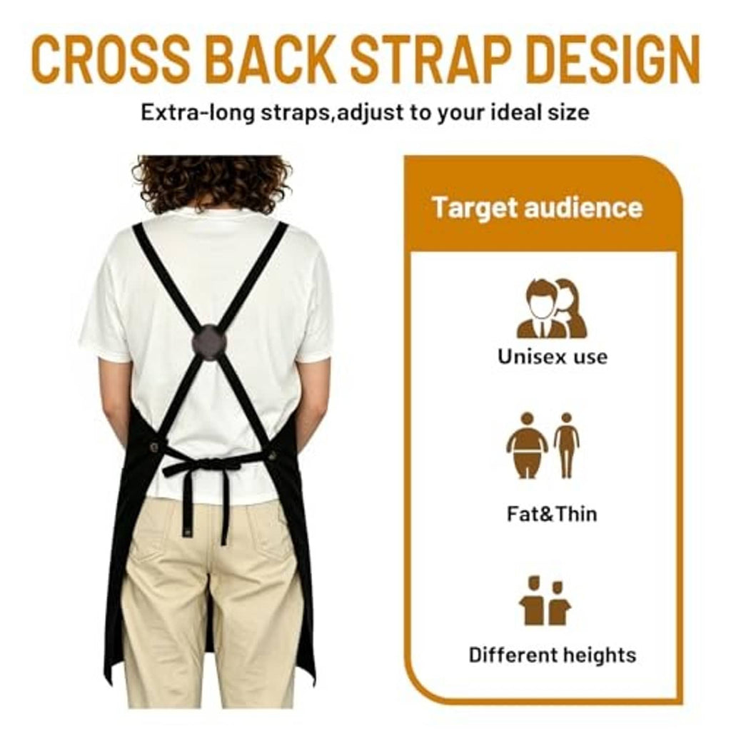 Black cross-back apron with extra-long adjustable straps for easy fit