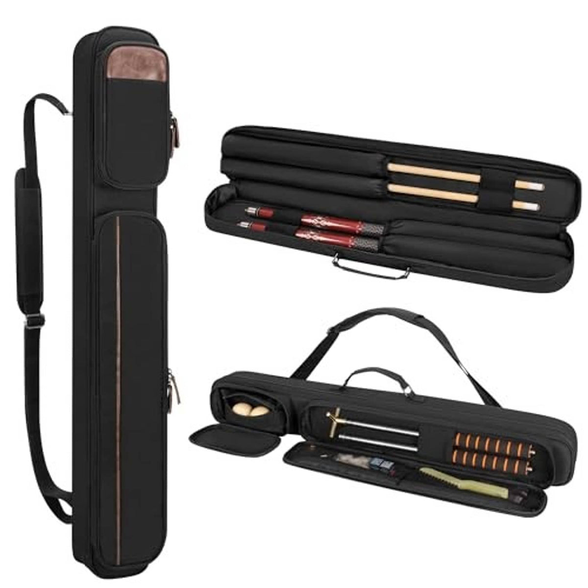Black pool cue case for 2 butts and 2 shafts, with shoulder strap and zip pockets