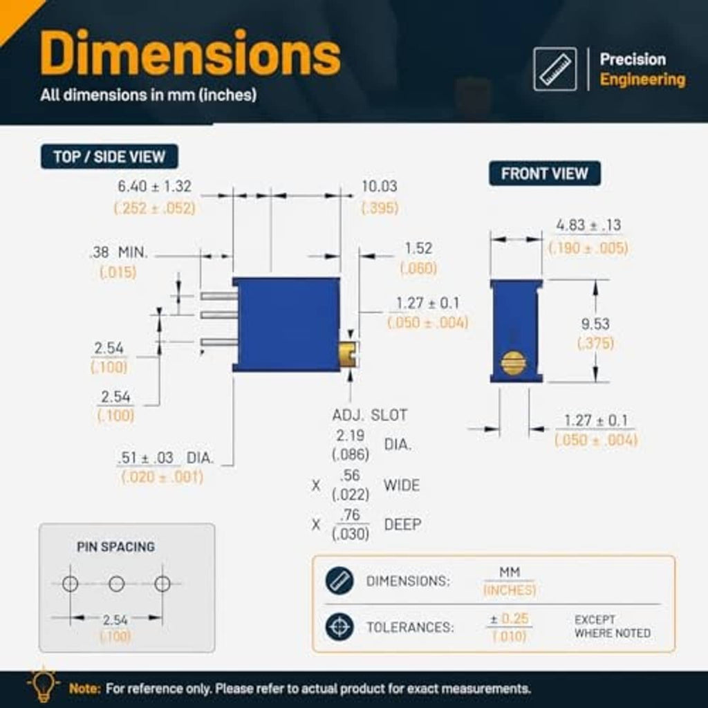 3296W 3296W trimmer potentiometer dimensions diagram with pin spacing and view labels