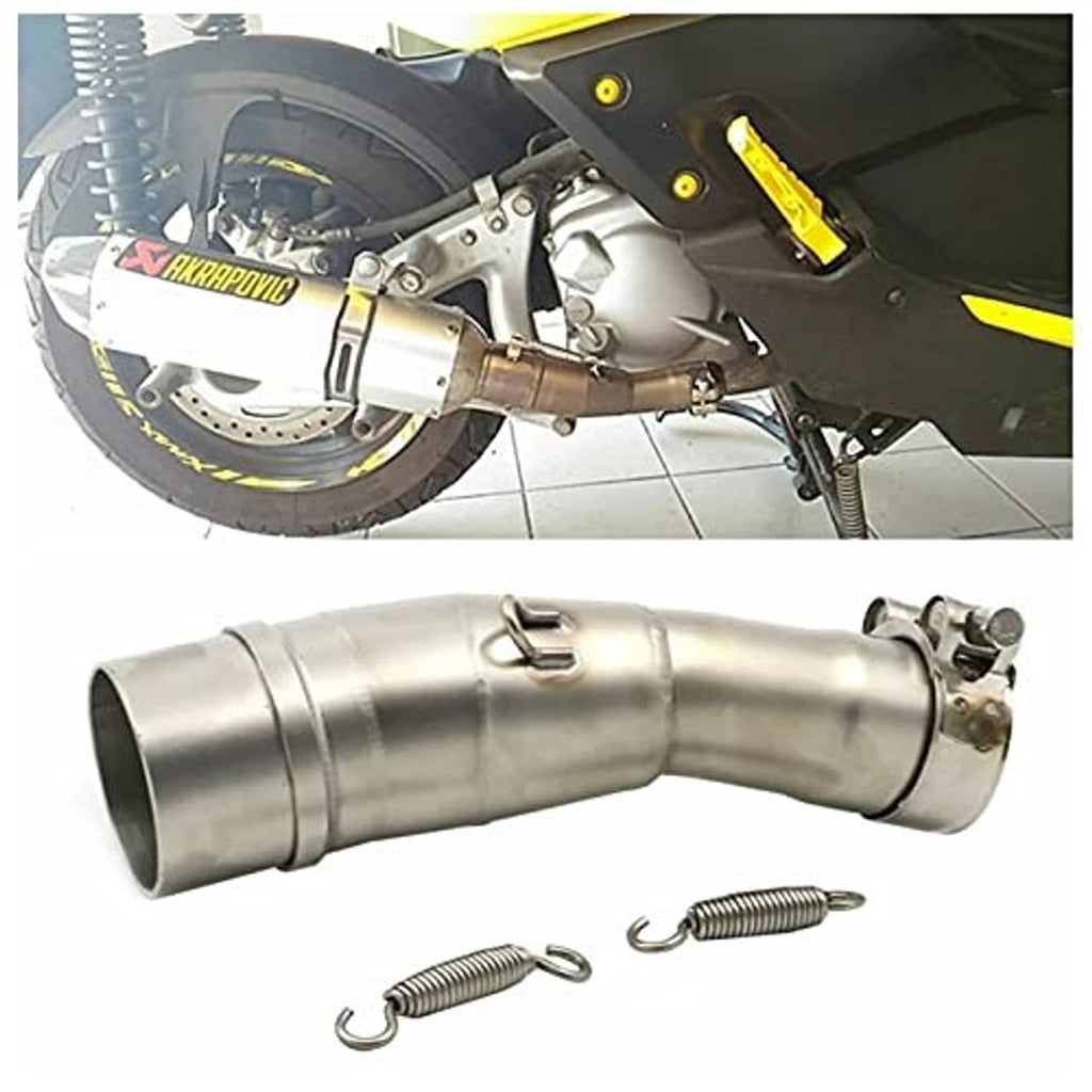 Stainless steel exhaust pipe spring with U hooks shown near a curved exhaust section