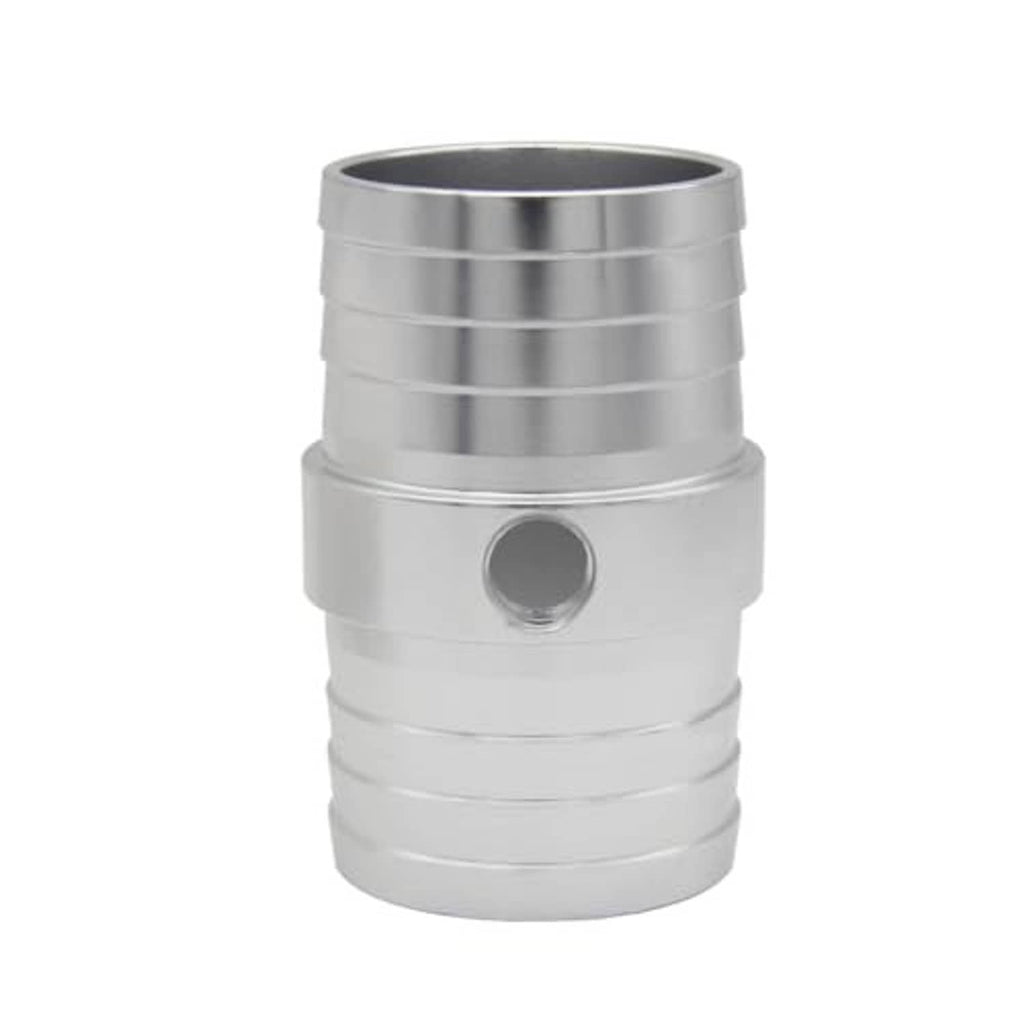 Radiator hose barb adapter with inlet opening and 1/8" NPT threaded port, silver.