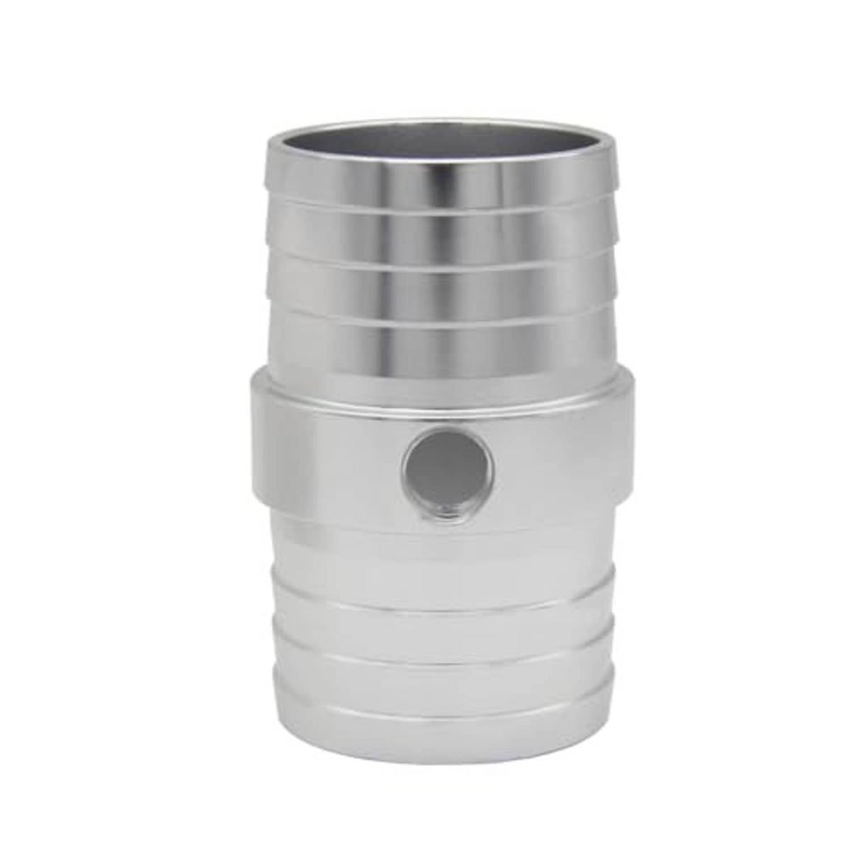 Radiator hose barb adapter with inlet opening and 1/8" NPT threaded port, silver.