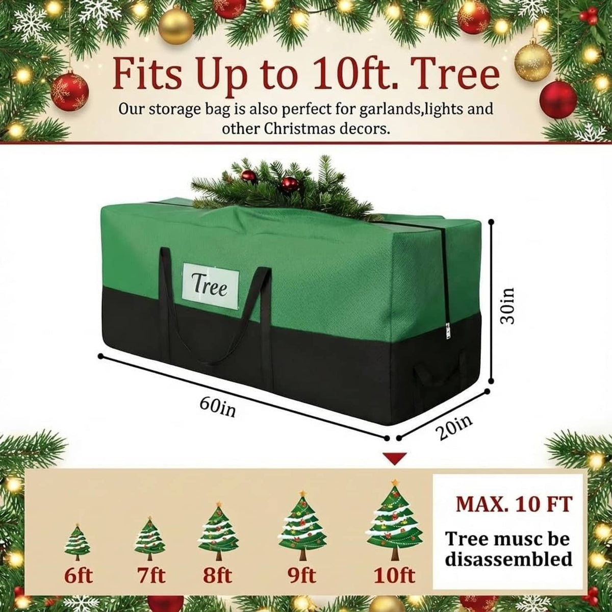 Green Christmas tree storage bag with black base panels and front handle straps