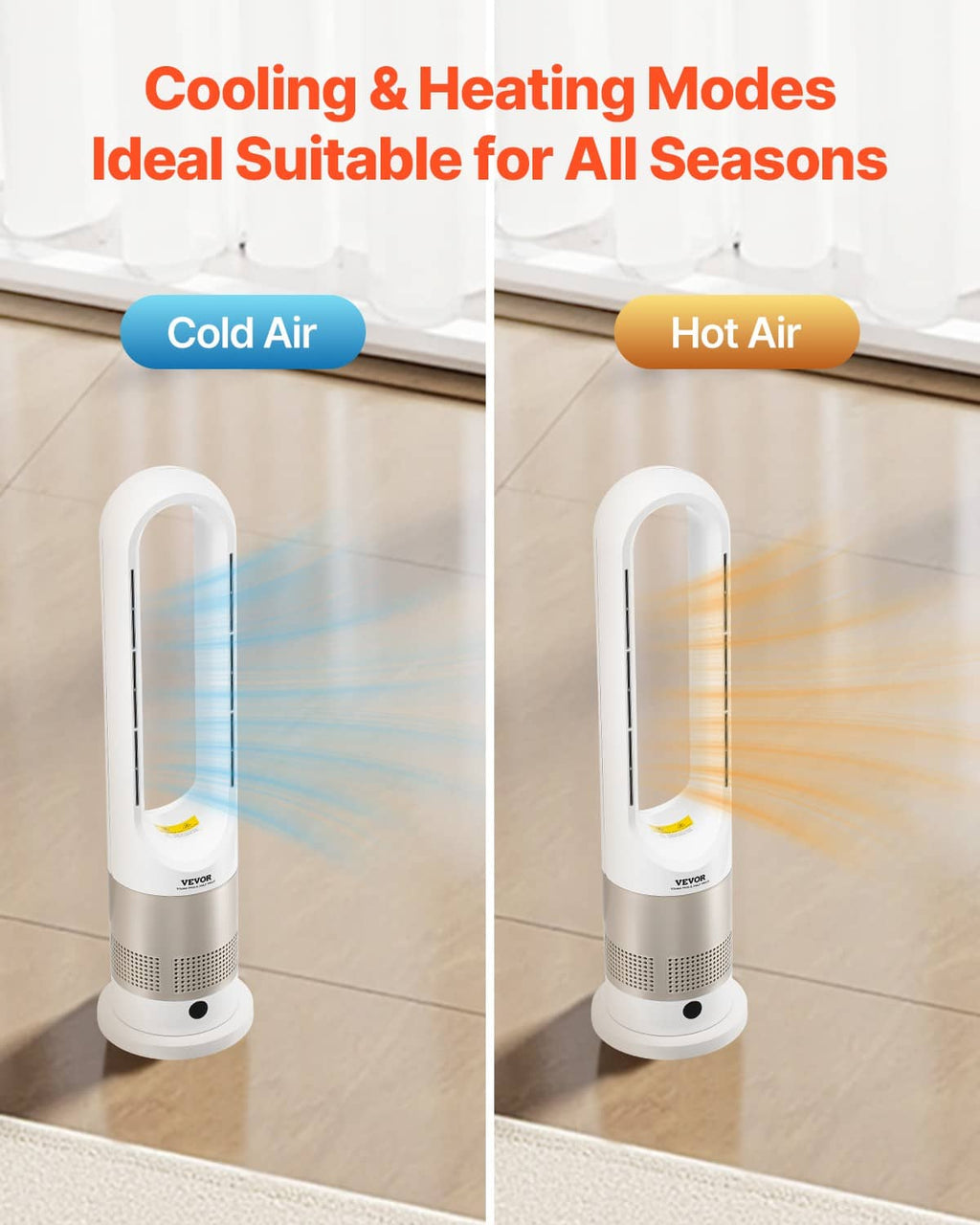 White bladeless tower fan heater showing hot and cold air modes