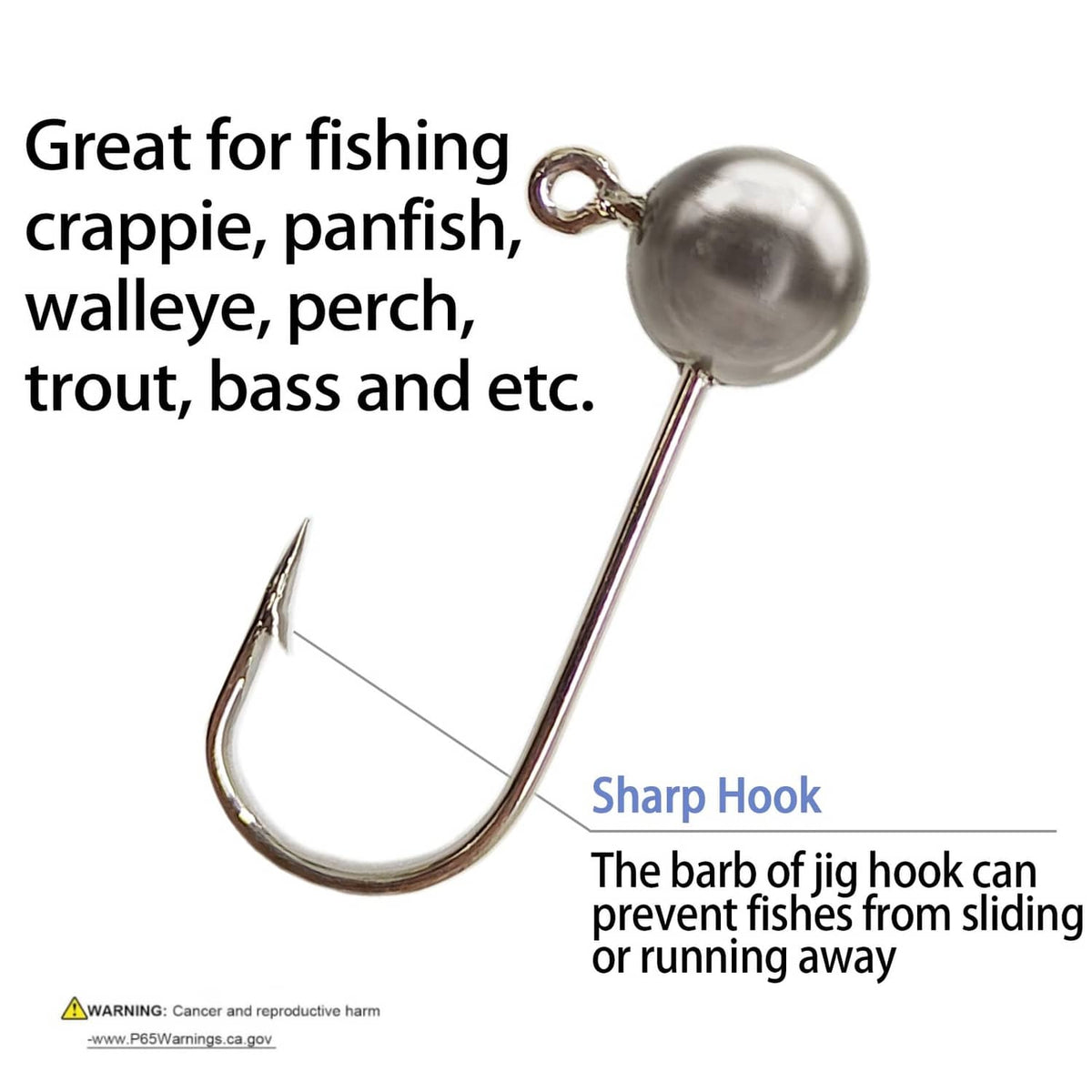 Silver jighead fly hook with round lead head and curved barbed shank