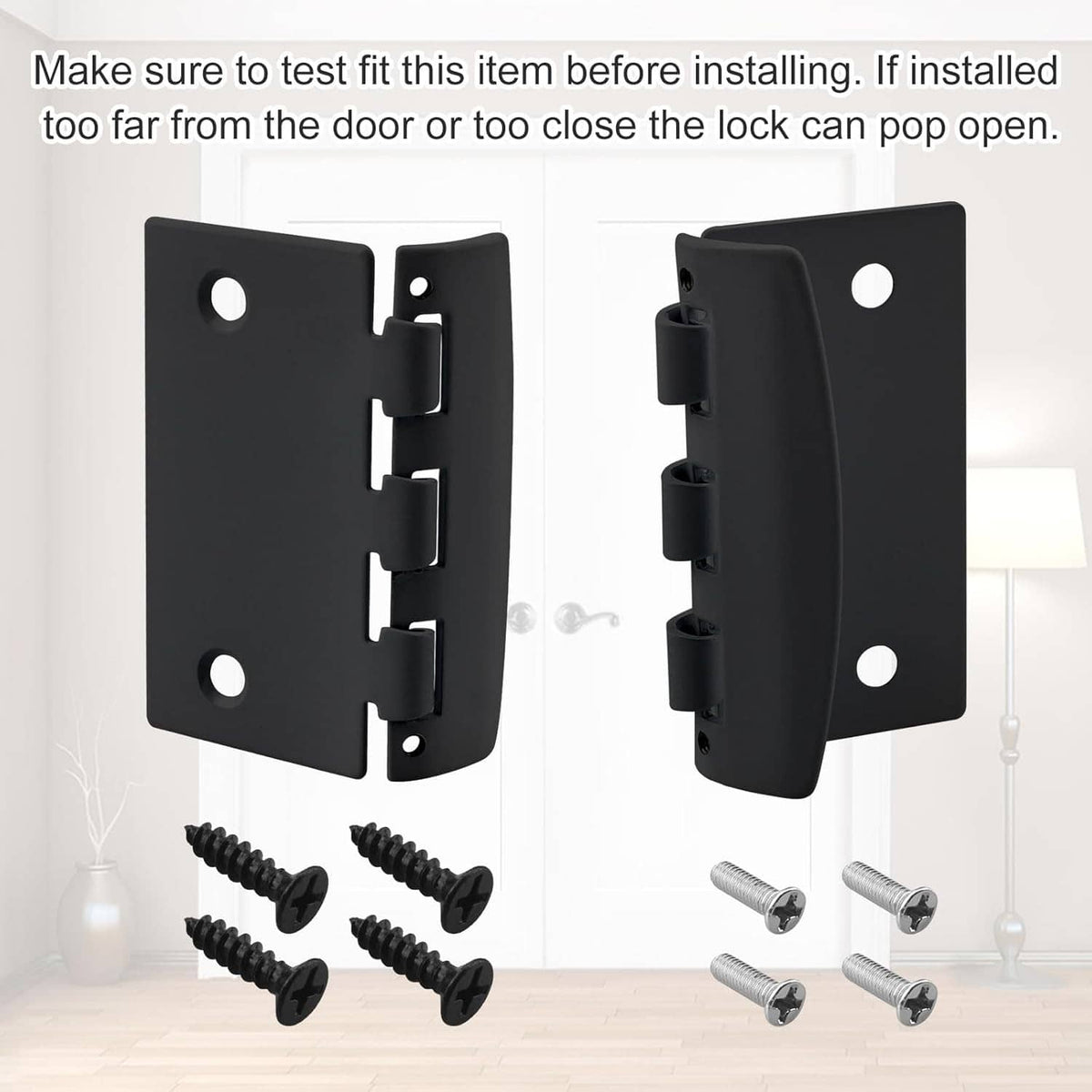 Black flip action door lock with mounting screws and pivoting latch hinge