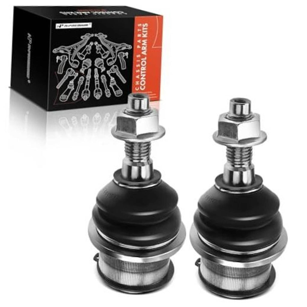 Pair of front lower ball joints with black rubber boots and chrome metal studs