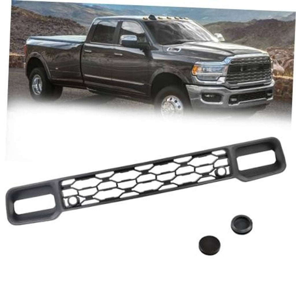 Black front bumper lower grille with hex mesh pattern and rectangular openings, includes caps