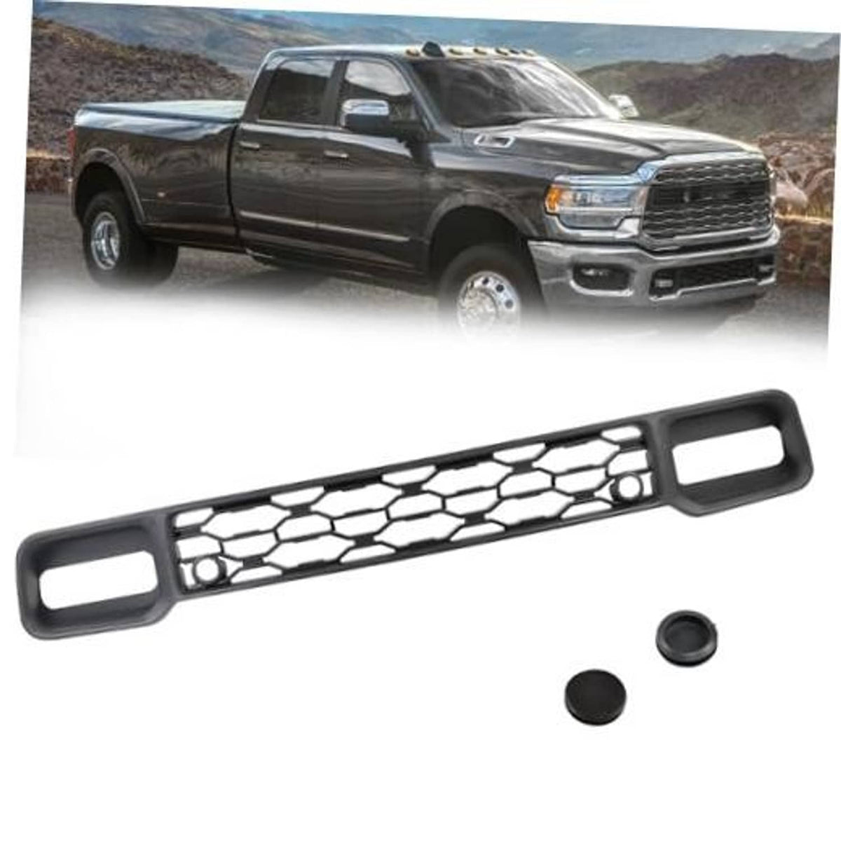 Black front bumper lower grille with hex mesh pattern and rectangular openings, includes caps