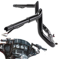 Black pre-wired motorcycle bagger handlebar with curved rise and wiring lead ends