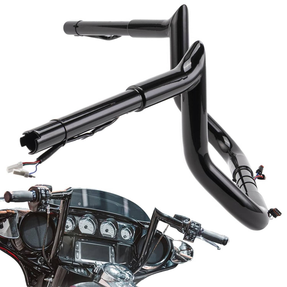 Black pre-wired motorcycle bagger handlebar with curved rise and wiring lead ends